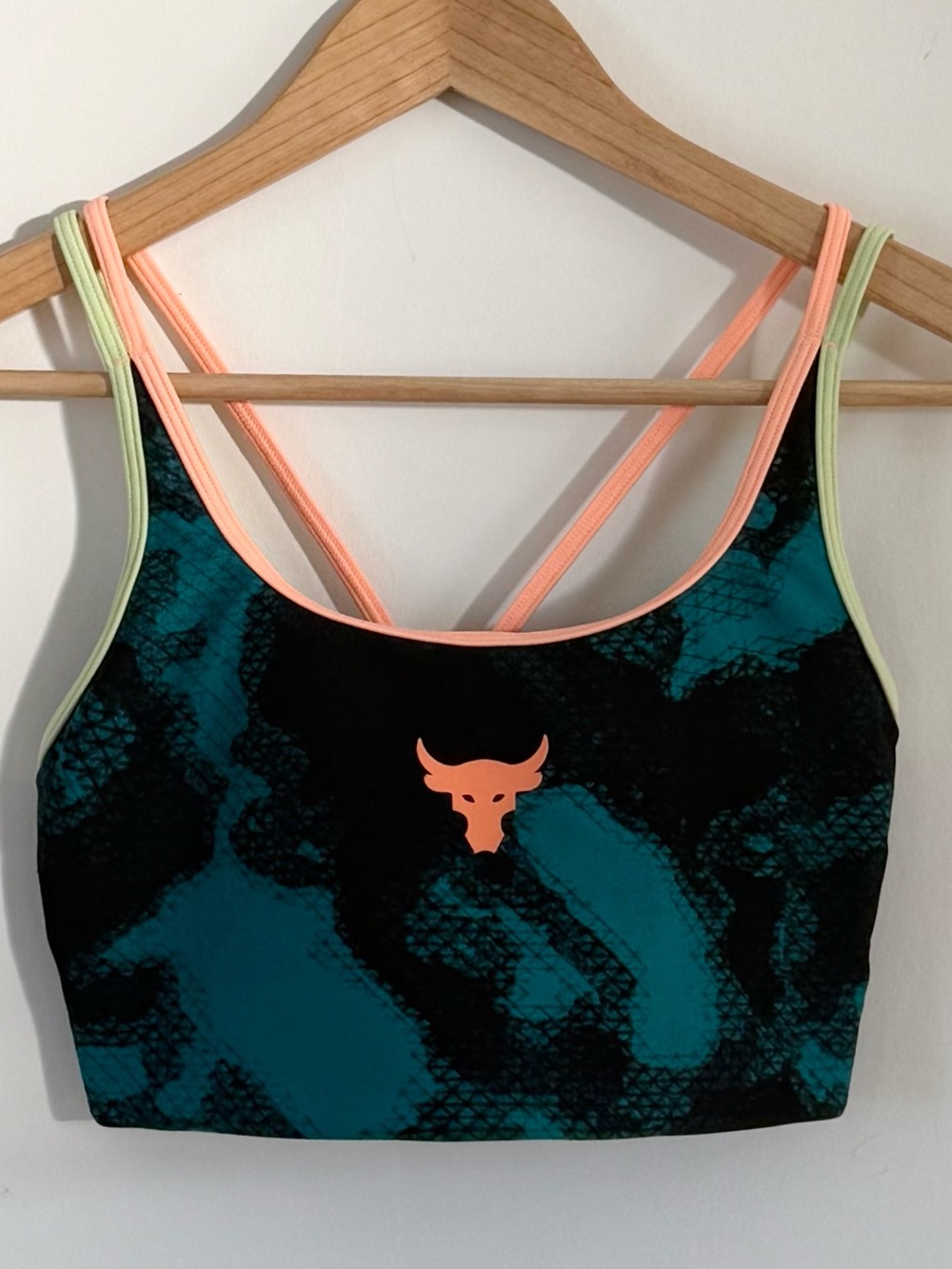 Under Armour Project Rock Teal & Black Sports Bra with Coral Trim